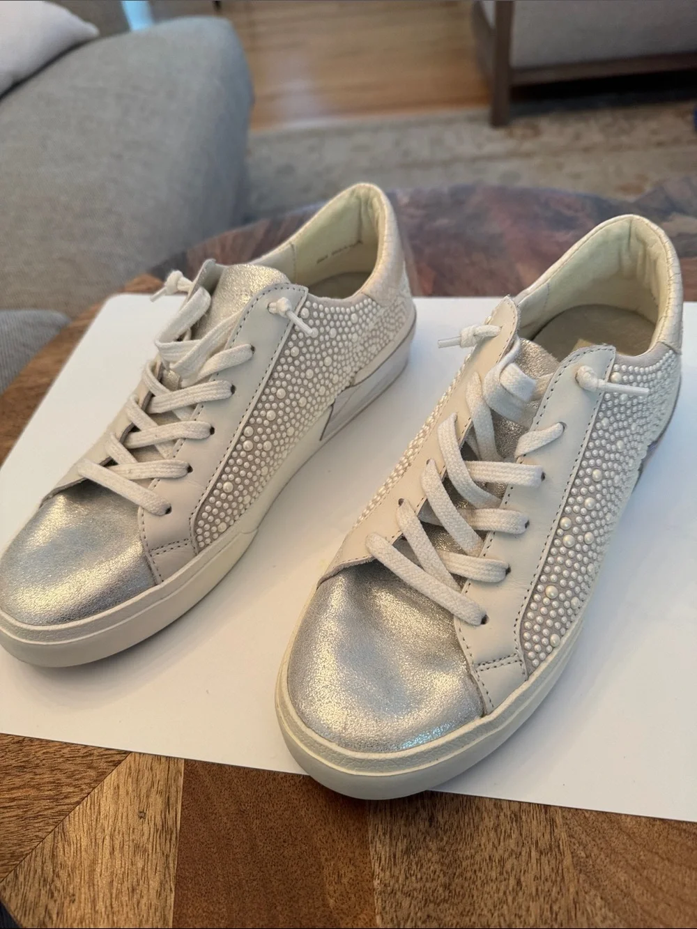Dolce Vita Silver and Ivory Embellished Lace-Up Sneakers